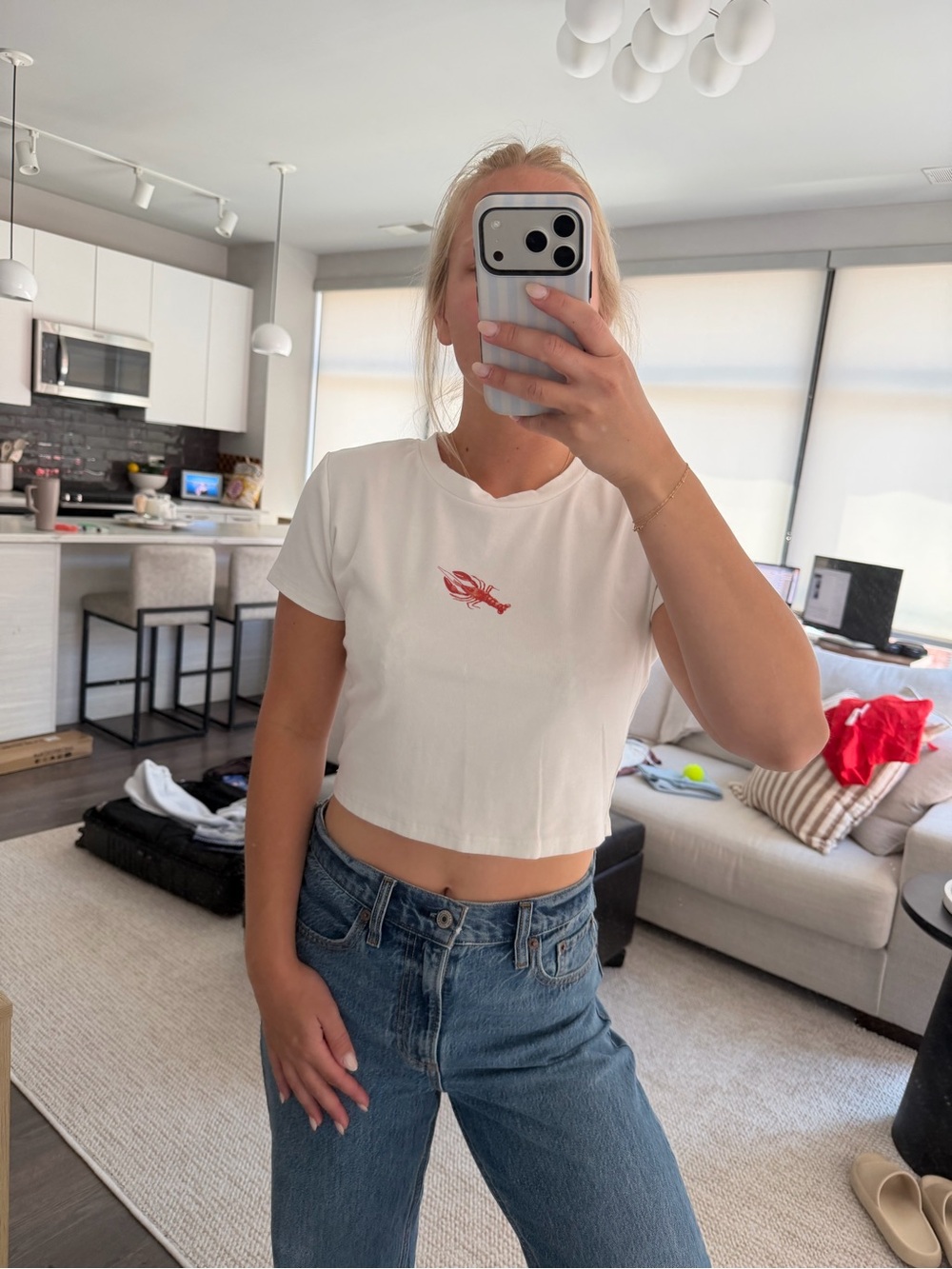 White Short-Sleeve Tee with Red Lobster Graphic